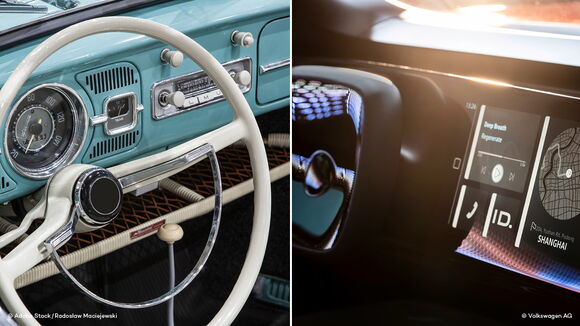Old car cockpit from the 1950s, modern-day car cockpit